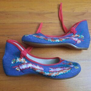 Denim embroidered Chinese slipper wedges